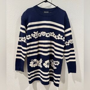 Vintage Escada by Margaretha Ley Navy Blue White Striped Floral Sweater Size 38
